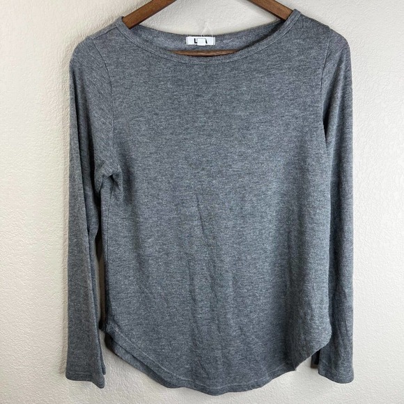 LNA Womens Solid Long‎ Sleeve T-Shirt Size S Heathered Gray Curved Hem - Picture 1 of 11